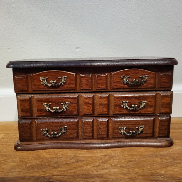 VTG Wooden Dresser 2 Drawers Jewelry Box Mirror Gold'NGems Montgomery Wards NOS - Picture 1 of 14